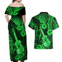 Hawaii Ukulele Couples Matching Off Shoulder Maxi Dress and Hawaiian Shirt Polynesian Pattern Green Version - Wonder Print Shop