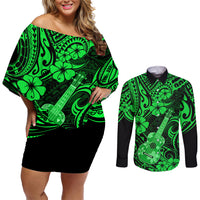 Hawaii Ukulele Couples Matching Off Shoulder Short Dress and Long Sleeve Button Shirts Polynesian Pattern Green Version - Wonder Print Shop