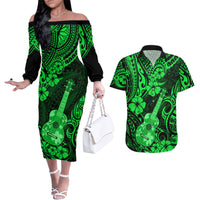 Hawaii Ukulele Couples Matching Off The Shoulder Long Sleeve Dress and Hawaiian Shirt Polynesian Pattern Green Version - Wonder Print Shop