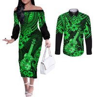 hawaii-ukulele-couples-matching-off-the-shoulder-long-sleeve-dress-and-long-sleeve-button-shirts-polynesian-pattern-green-version