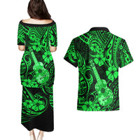 Hawaii Ukulele Couples Matching Puletasi Dress and Hawaiian Shirt Polynesian Pattern Green Version - Wonder Print Shop