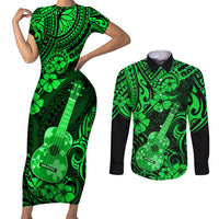 Hawaii Ukulele Couples Matching Short Sleeve Bodycon Dress and Long Sleeve Button Shirts Polynesian Pattern Green Version - Wonder Print Shop