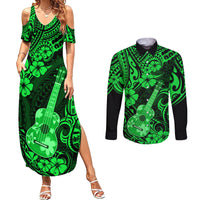 Hawaii Ukulele Couples Matching Summer Maxi Dress and Long Sleeve Button Shirts Polynesian Pattern Green Version - Wonder Print Shop