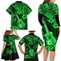 Hawaii Ukulele Family Matching Long Sleeve Bodycon Dress and Hawaiian Shirt Polynesian Pattern Green Version - Wonder Print Shop