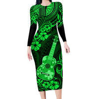 Hawaii Ukulele Family Matching Long Sleeve Bodycon Dress and Hawaiian Shirt Polynesian Pattern Green Version - Wonder Print Shop
