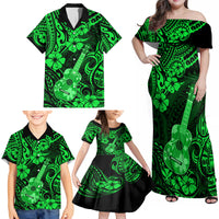 Hawaii Ukulele Family Matching Off Shoulder Maxi Dress and Hawaiian Shirt Polynesian Pattern Green Version - Wonder Print Shop