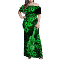 Hawaii Ukulele Family Matching Off Shoulder Maxi Dress and Hawaiian Shirt Polynesian Pattern Green Version - Wonder Print Shop