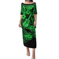 Hawaii Ukulele Family Matching Puletasi Dress and Hawaiian Shirt Polynesian Pattern Green Version - Wonder Print Shop