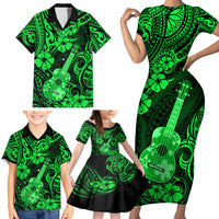 Hawaii Ukulele Family Matching Short Sleeve Bodycon Dress and Hawaiian Shirt Polynesian Pattern Green Version - Wonder Print Shop
