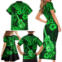 Hawaii Ukulele Family Matching Short Sleeve Bodycon Dress and Hawaiian Shirt Polynesian Pattern Green Version - Wonder Print Shop