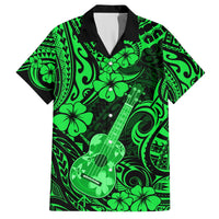 Green Hawaiian button-up shirt with black collar, hibiscus and ukulele print, short sleeves