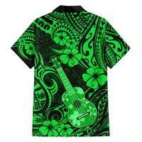 Green Hawaiian button-up shirt with ukulele, hibiscus, tribal swirls print, short sleeves