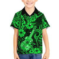 Green Hawaiian button-up shirt for kids, black collar, ukulele and hibiscus pattern, short sleeves