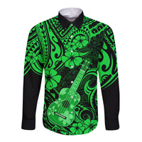 Hawaii Ukulele Long Sleeve Button Shirt Polynesian Pattern Green Version - Wonder Print Shop