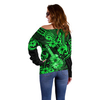 Hawaii Ukulele Off Shoulder Sweater Polynesian Pattern Green Version - Wonder Print Shop