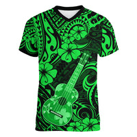 Hawaii Ukulele Women V Neck T Shirt Polynesian Pattern Green Version - Wonder Print Shop