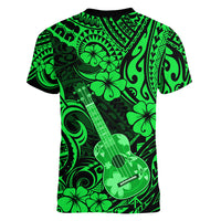 Hawaii Ukulele Women V Neck T Shirt Polynesian Pattern Green Version - Wonder Print Shop