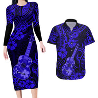 Hawaii Ukulele Couples Matching Long Sleeve Bodycon Dress and Hawaiian Shirt Polynesian Pattern Navy Blue Version - Wonder Print Shop