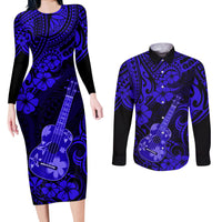 Hawaii Ukulele Couples Matching Long Sleeve Bodycon Dress and Long Sleeve Button Shirts Polynesian Pattern Navy Blue Version - Wonder Print Shop