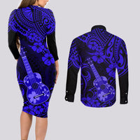 Hawaii Ukulele Couples Matching Long Sleeve Bodycon Dress and Long Sleeve Button Shirts Polynesian Pattern Navy Blue Version - Wonder Print Shop