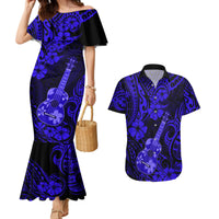 Hawaii Ukulele Couples Matching Mermaid Dress and Hawaiian Shirt Polynesian Pattern Navy Blue Version - Wonder Print Shop
