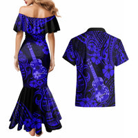 Hawaii Ukulele Couples Matching Mermaid Dress and Hawaiian Shirt Polynesian Pattern Navy Blue Version - Wonder Print Shop