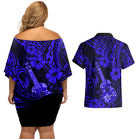 Hawaii Ukulele Couples Matching Off Shoulder Short Dress and Hawaiian Shirt Polynesian Pattern Navy Blue Version - Wonder Print Shop