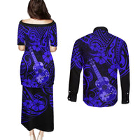 Hawaii Ukulele Couples Matching Puletasi Dress and Long Sleeve Button Shirts Polynesian Pattern Navy Blue Version - Wonder Print Shop