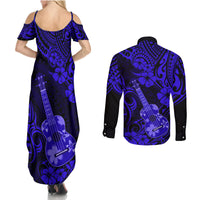 Hawaii Ukulele Couples Matching Summer Maxi Dress and Long Sleeve Button Shirts Polynesian Pattern Navy Blue Version - Wonder Print Shop