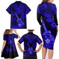 Hawaii Ukulele Family Matching Long Sleeve Bodycon Dress and Hawaiian Shirt Polynesian Pattern Navy Blue Version - Wonder Print Shop