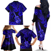 Hawaii Ukulele Family Matching Off Shoulder Long Sleeve Dress and Hawaiian Shirt Polynesian Pattern Navy Blue Version - Wonder Print Shop