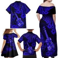 Hawaii Ukulele Family Matching Off Shoulder Maxi Dress and Hawaiian Shirt Polynesian Pattern Navy Blue Version - Wonder Print Shop