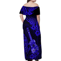Hawaii Ukulele Family Matching Off Shoulder Maxi Dress and Hawaiian Shirt Polynesian Pattern Navy Blue Version - Wonder Print Shop