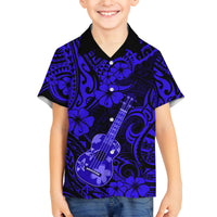Hawaii Ukulele Family Matching Puletasi Dress and Hawaiian Shirt Polynesian Pattern Navy Blue Version - Wonder Print Shop