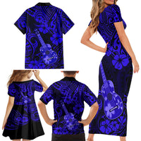 Hawaii Ukulele Family Matching Short Sleeve Bodycon Dress and Hawaiian Shirt Polynesian Pattern Navy Blue Version - Wonder Print Shop