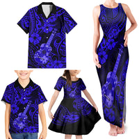 Hawaii Ukulele Family Matching Tank Maxi Dress and Hawaiian Shirt Polynesian Pattern Navy Blue Version - Wonder Print Shop