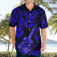Men's dark blue Hawaiian-style button-up shirt with ukulele and flower print, open collar
