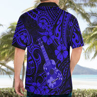 Back view: men's dark blue button-up shirt with ukulele and floral swirl print