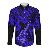 Hawaii Ukulele Long Sleeve Button Shirt Polynesian Pattern Navy Blue Version - Wonder Print Shop