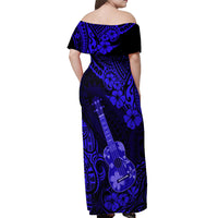 Hawaii Ukulele Off Shoulder Maxi Dress Polynesian Pattern Navy Blue Version - Wonder Print Shop