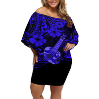 Hawaii Ukulele Off Shoulder Short Dress Polynesian Pattern Navy Blue Version - Wonder Print Shop