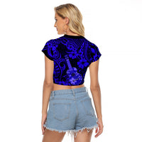 Hawaii Ukulele Raglan Cropped T Shirt Polynesian Pattern Navy Blue Version - Wonder Print Shop