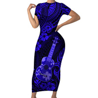 Hawaii Ukulele Short Sleeve Bodycon Dress Polynesian Pattern Navy Blue Version - Wonder Print Shop
