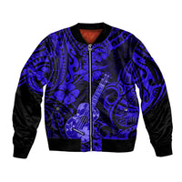 Hawaii Ukulele Sleeve Zip Bomber Jacket Polynesian Pattern Navy Blue Version - Wonder Print Shop