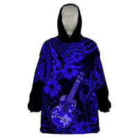 Hawaii Ukulele Wearable Blanket Hoodie Polynesian Pattern Navy Blue Version - Wonder Print Shop