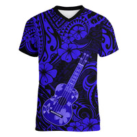 Hawaii Ukulele Women V Neck T Shirt Polynesian Pattern Navy Blue Version - Wonder Print Shop