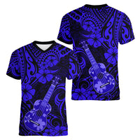 Hawaii Ukulele Women V Neck T Shirt Polynesian Pattern Navy Blue Version - Wonder Print Shop