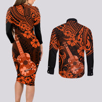 Hawaii Ukulele Couples Matching Long Sleeve Bodycon Dress and Long Sleeve Button Shirts Polynesian Pattern Orange Version - Wonder Print Shop