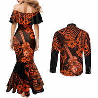 hawaii-ukulele-couples-matching-mermaid-dress-and-long-sleeve-button-shirts-polynesian-pattern-orange-version