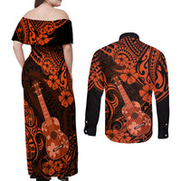 Hawaii Ukulele Couples Matching Off Shoulder Maxi Dress and Long Sleeve Button Shirts Polynesian Pattern Orange Version - Wonder Print Shop